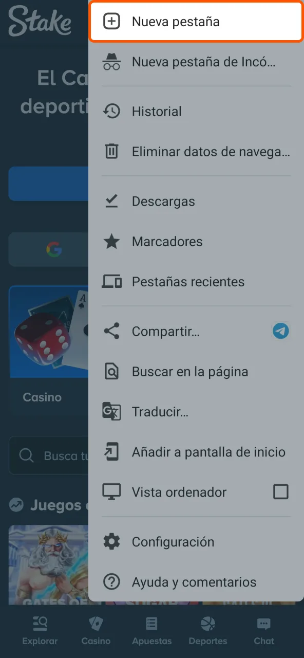 Menú navegador abrir opciones para instalar ícono de Stake.