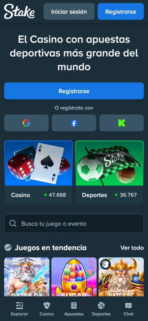 Acceso Stake abrir sitio en Android y comenzar descarga.