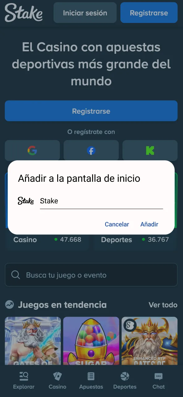 Acceso Stake añadir app a pantalla principal.