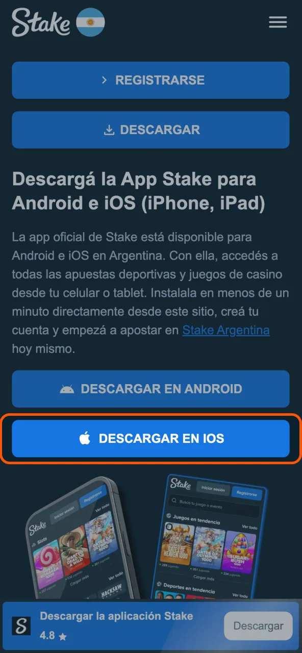 Instalar Stake clic en botón y comenzar instalación.
