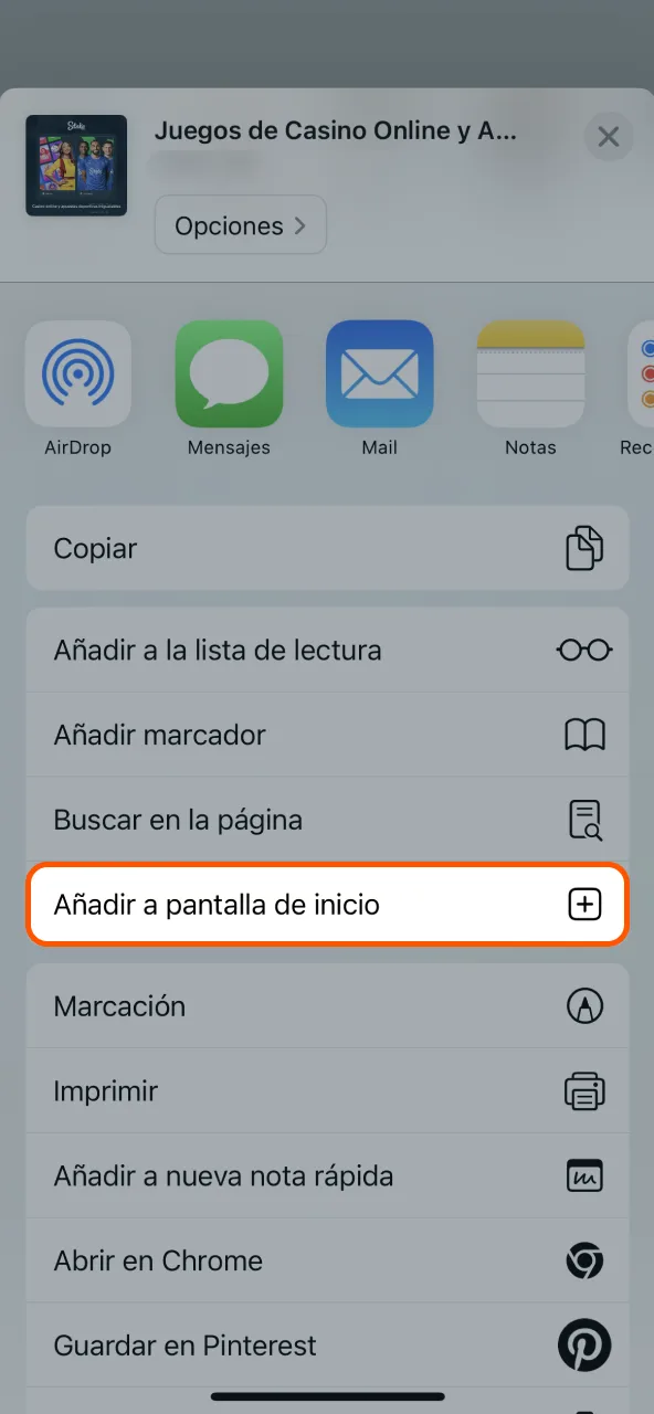 Inicio Stake presionar agregar a pantalla principal.