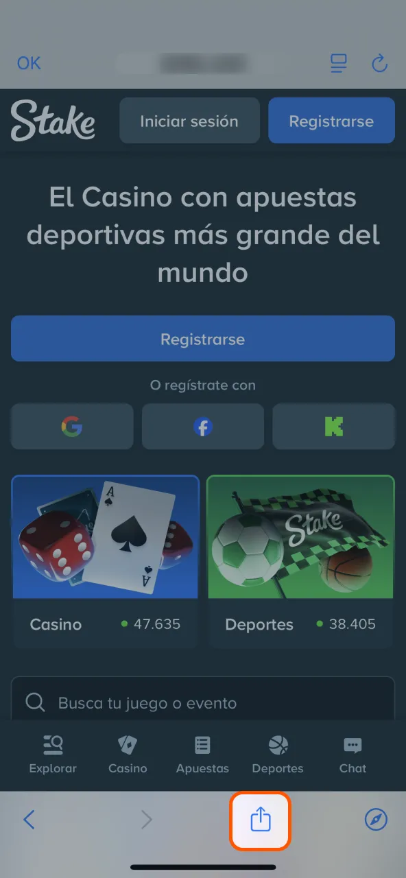 Opción Safari usar botón compartir para instalar Stake.