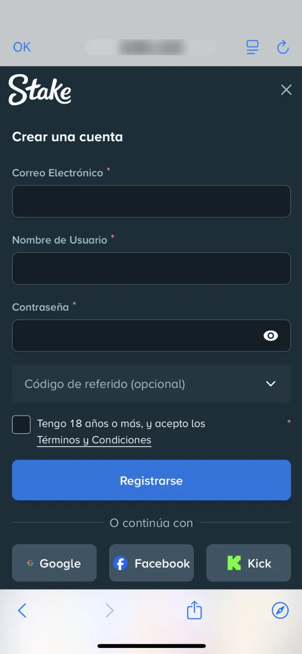 Stake registro completar formulario para nueva cuenta.