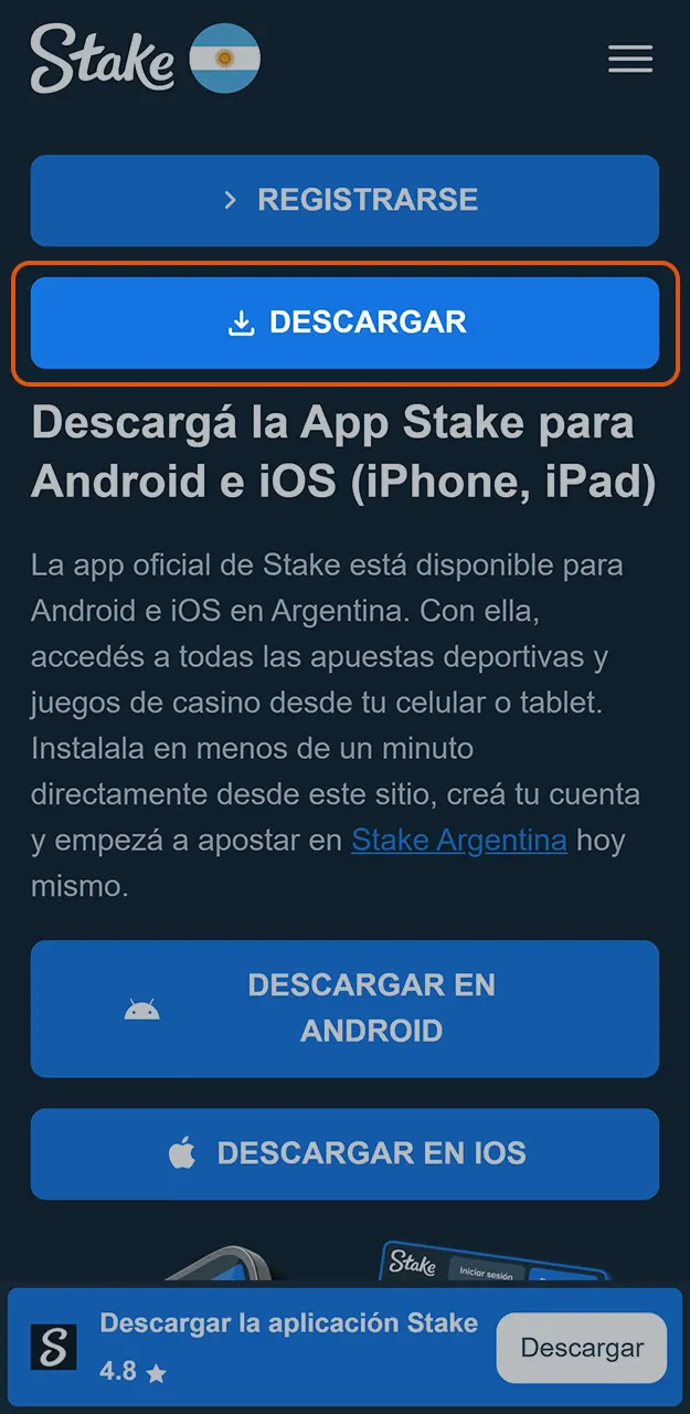 Sigue las instrucciones del sistema para descargar la aplicación de Stake.