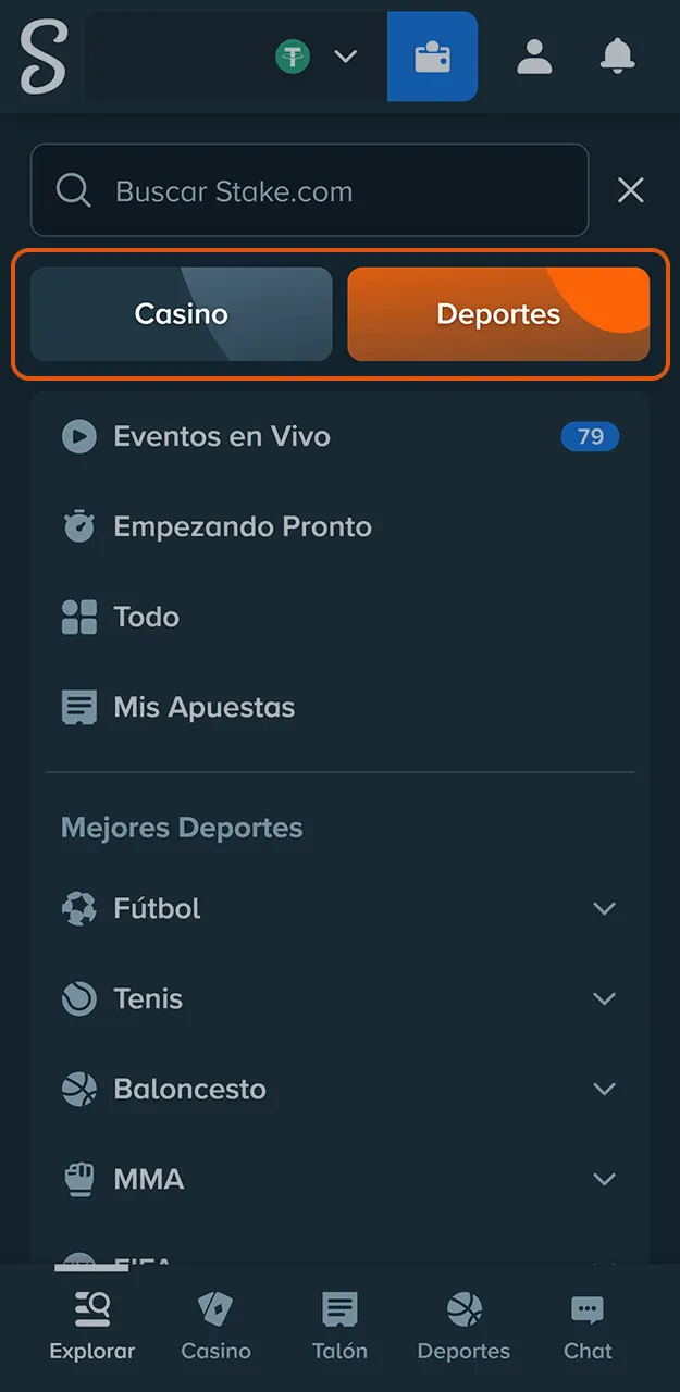 Selecciona la sección deseada en la aplicación de Stake.