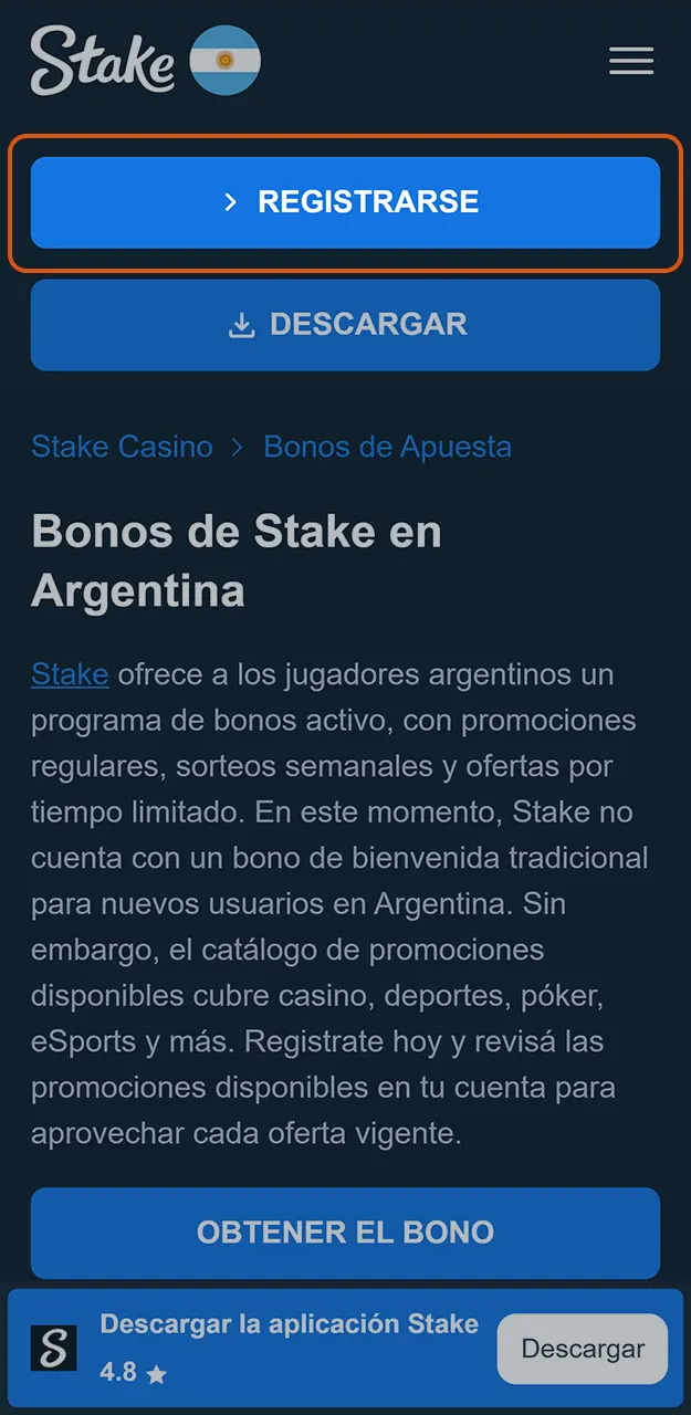 Complete el formulario de registro y creá tu cuenta en Stake.