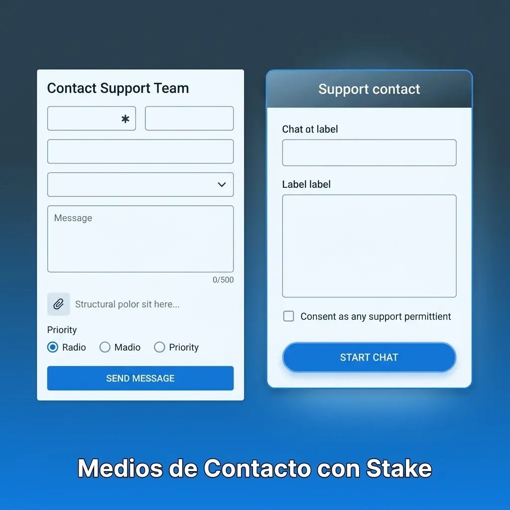 Medios de contacto con Stake: chat en vivo, email, centro de ayuda y redes sociales disponibles 24/7 en español