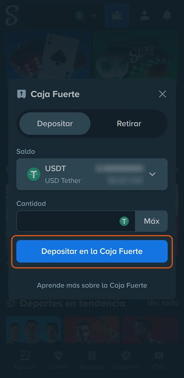 Confirma tu primer depósito en Stake.