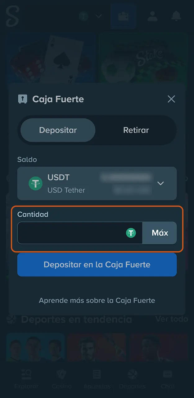Escriba la cantidad de dinero deseada e ingresá el monto en Stake.