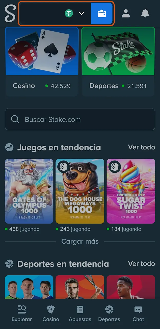 Ve a la sección de retiros en Stake.