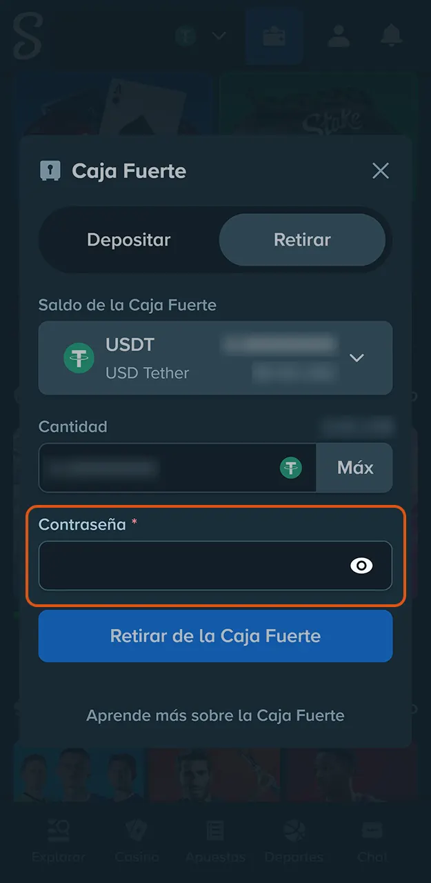 Completa los campos con tus datos bancarios y retira fondos hacia Stake.