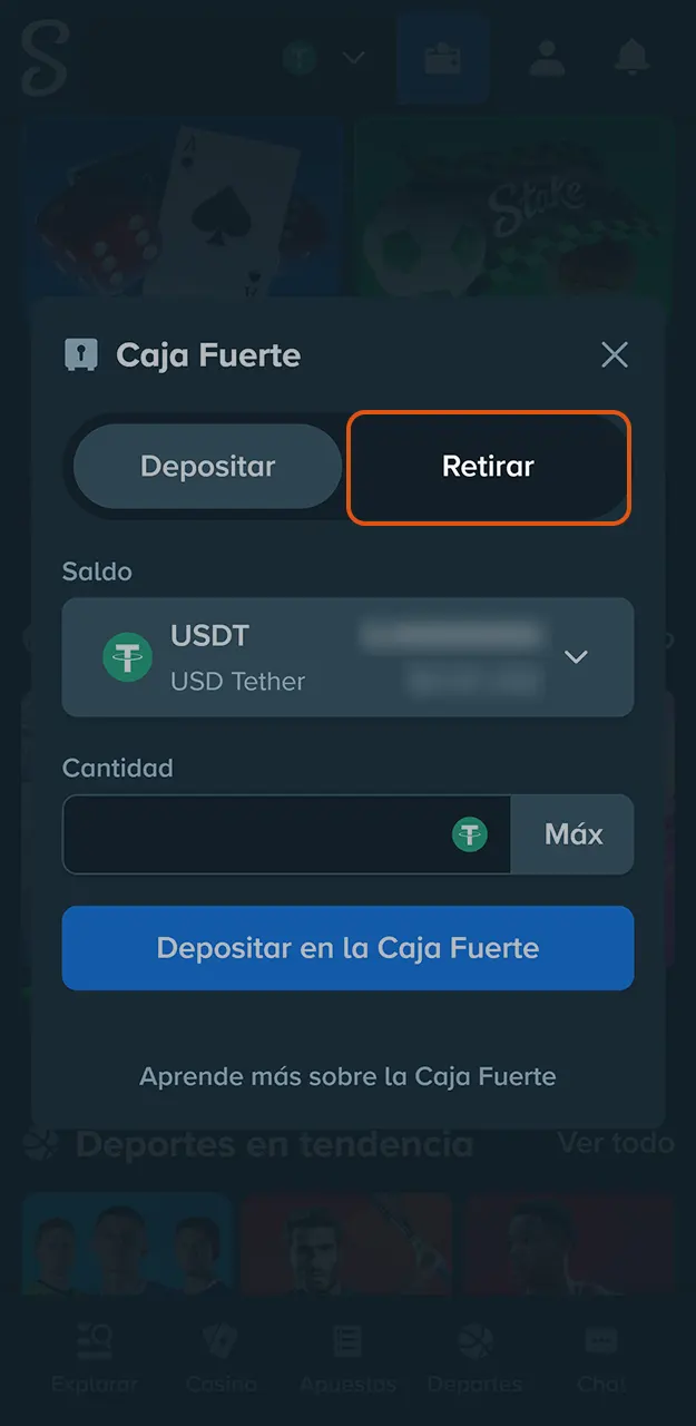 Selecciona un método de retiro en Stake.