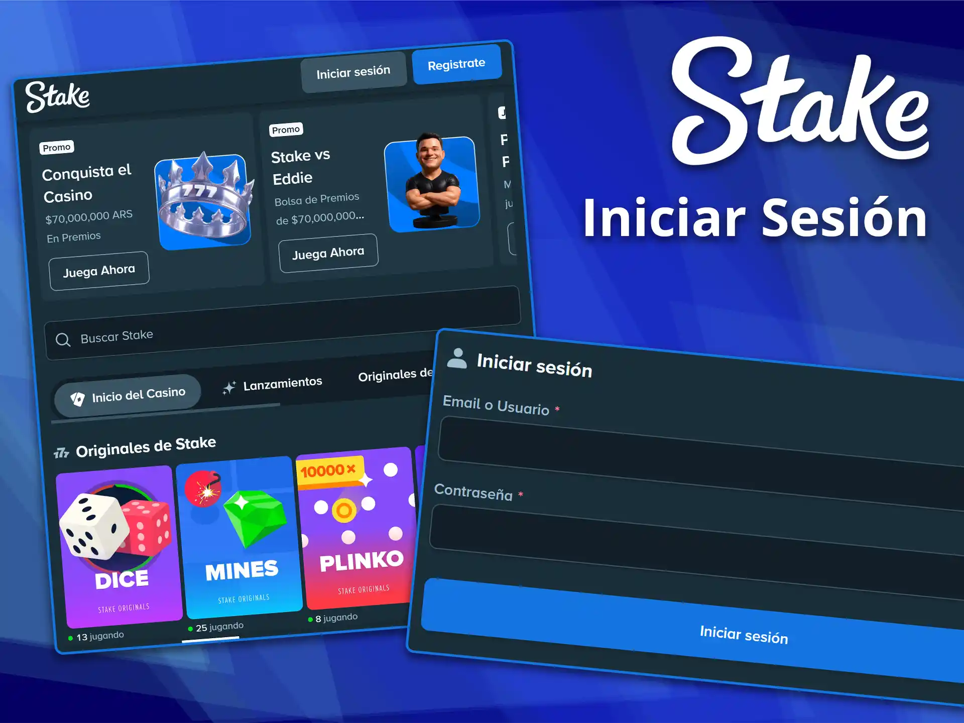 Inicia sesión en tu cuenta de Stake de la forma que te resulte más cómoda.