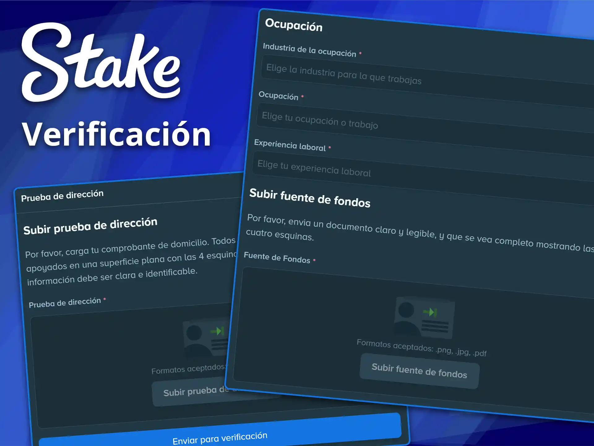 Suba sus documentos oficiales para completar la verificación de cuenta en Stake.