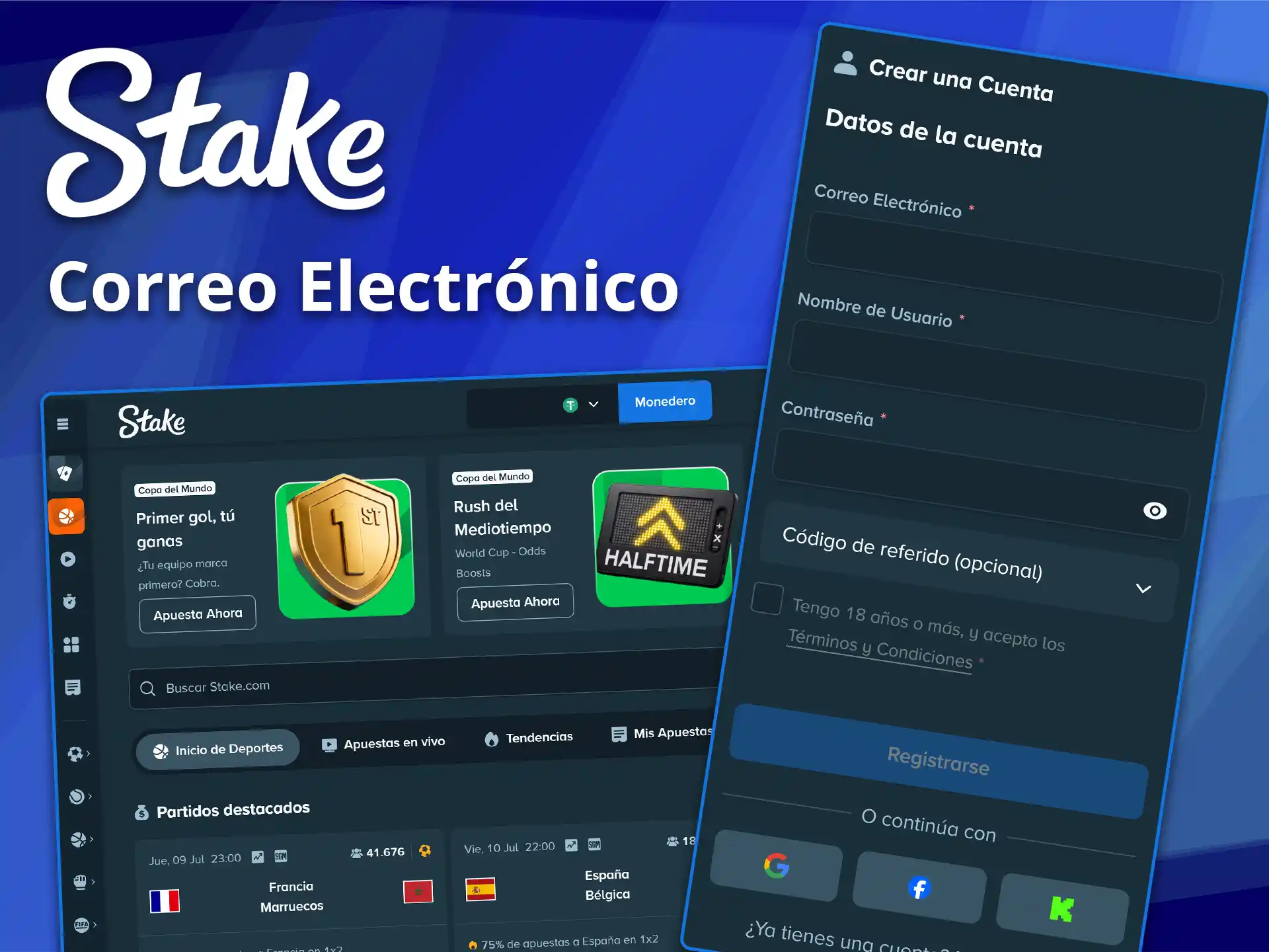 Regístrese de forma rápida completando el registro por correo electrónico en Stake.