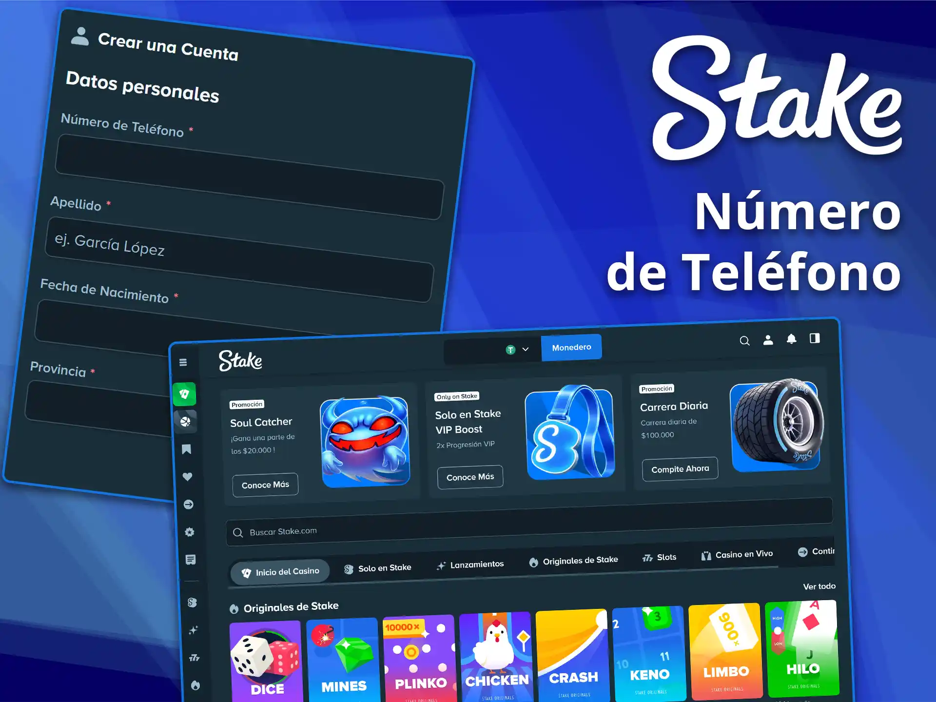 Cree su perfil de usuario utilizando el registro por número de teléfono en Stake.