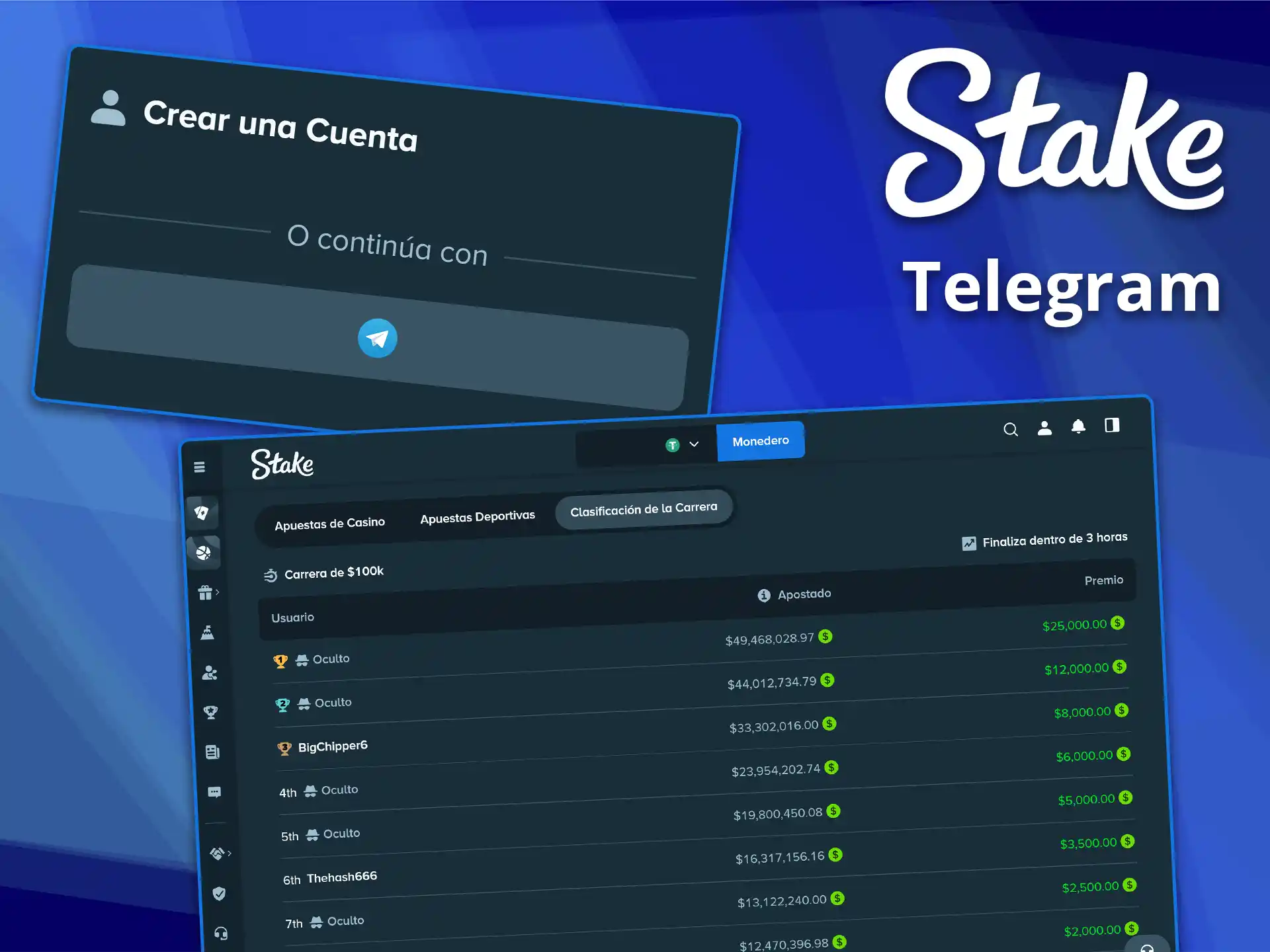 Completa el registro vinculando tu cuenta de Telegram a Stake.